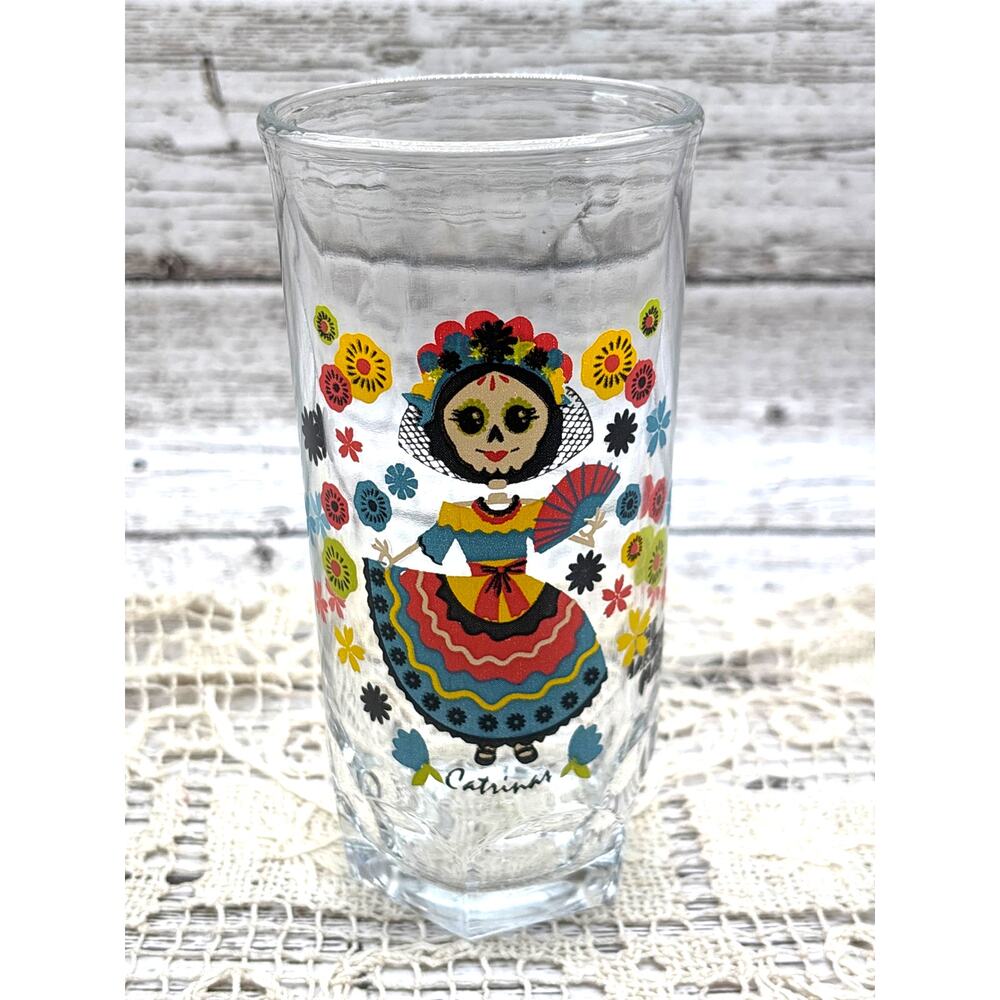 Day of the Dead Glass Crisa Glassware Dona Maria Mole Jar Tumbler Vintage